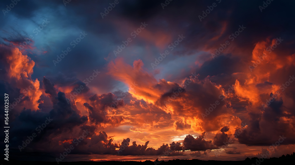 Fototapeta premium Fiery clouds at dusk with deep blue and orange hues illuminating the sky sunset dramatic