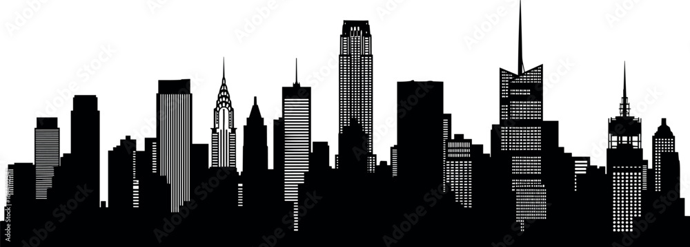 Obraz premium New York City skyline silhouette, iconic skyscrapers, urban architecture, cityscape art, black and white design, downtown landscape
