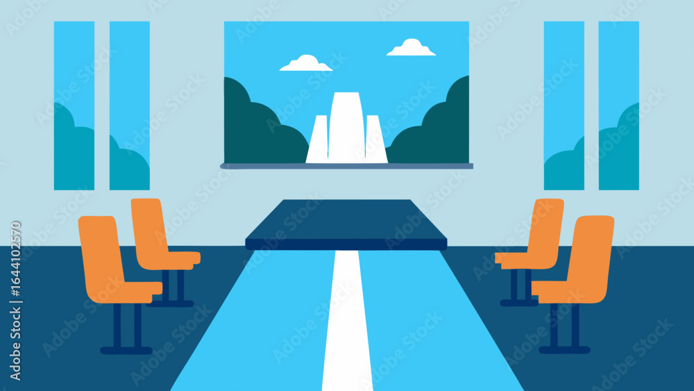 Naklejka premium Boardroom With Panoramic Waterfall Backdrop