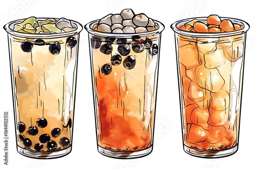 Three Watercolor Bubble Tea Variations: Mango, Boba, and Peach Flavors.