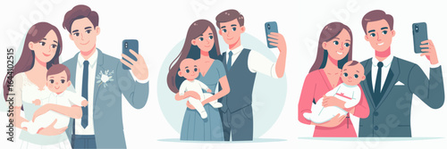 Modern Flat Illustration Happy Family Taking Selfie with Smartphone Device