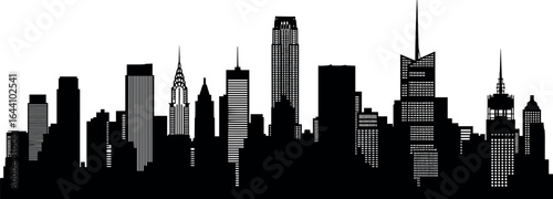 New York City skyline silhouette, iconic skyscrapers, urban architecture, cityscape art, black and white design, downtown landscape