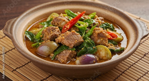 Laotian Or Lam stew with rich and earthy mood, buffalo meat, sakhan pepper, eggplants, and greens served in ceramic bowl on bamboo mat with side light and close-up food styling