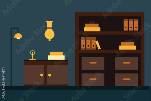 Office with Dark Walnut Shelving and Brass Handles