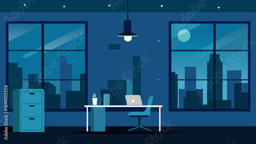 Office with Panoramic Night City Skyline View