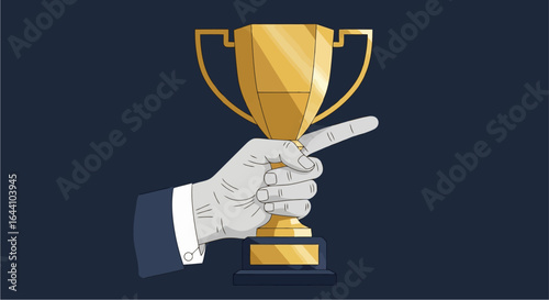 A clean, minimalist geometric vector illustration of a hand firmly holding a prestigious trophy. The art style emphasizes victory and professional success with a serious, official tone.