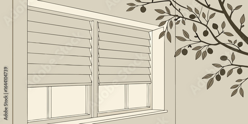 A home's exterior shows a window with white shutters, a detail of the house's architecture