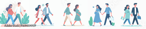 Flat Illustration of Pregnant Couples Walking Together in Various Occasions