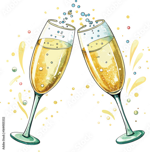 two champagne glasses toasting, a festive watercolor celebration.