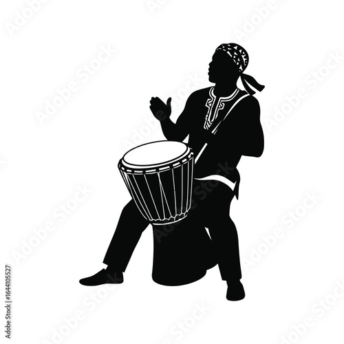 African man playing djembe drum black silhouette illustration music percussion rhythm culture tradition tribal art vector graphic