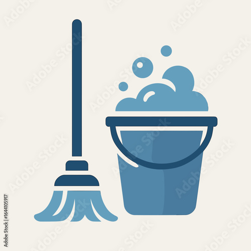 Cleaning tools with mop and bucket filled with bubbles on light background
