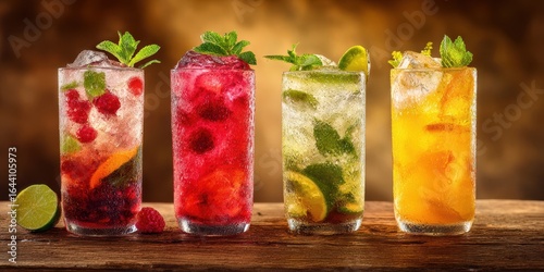 The colorful array of refreshing cocktails with fruits and mint garnishes.