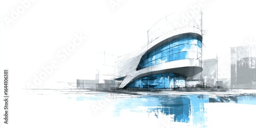 Modern architectural design featuring a sleek building with glass elements surrounded by urban landscape in a dynamic sketch style