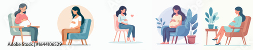 Flat Illustration Collection of Pregnant Woman Sitting on Chair in Different Poses