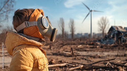 A child in a gas mask stands in a once-thriving city park, highlighting environmental decay and air pollution concerns, with a wind turbine in the background.