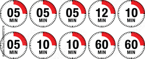 Timer and stopwatch icon set with different time intervals. Clock faces showing 5, 10, 12, and 60 minutes.

