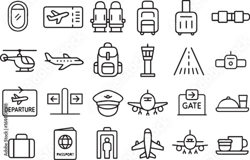 Air Travel Vector Icon Set – Plane Window, Boarding Pass, Seats, Luggage, Seatbelts, Helicopter, Jet, Backpack, Airport