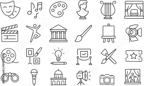 Art & Culture Vector Icon Set – Theater, Music, Painting, Sculpture, Photography, Cinema, Dance, Gallery, Performance
