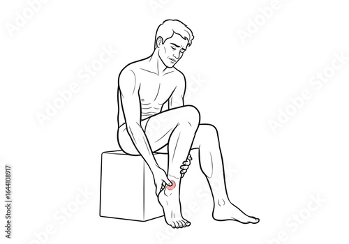 young man experiencing foot discomfort while sitting for healthcare illustration