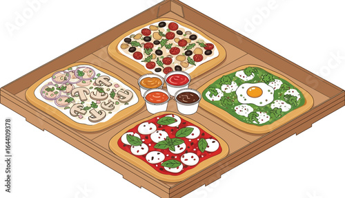 Square pizza variety with dipping sauces food photography art