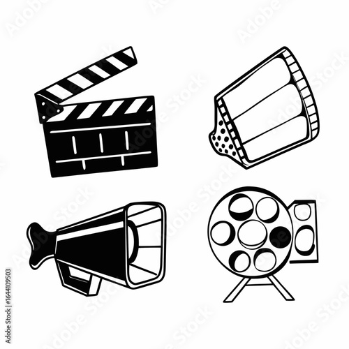 Black and white illustration of filmmaking equipment including a clapperboard vintage camera and megaphone