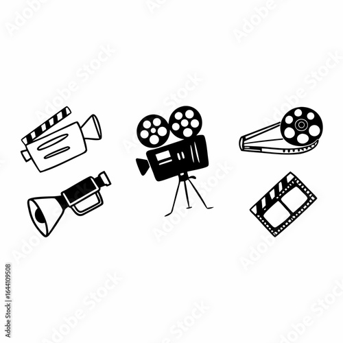 A set of film and movie related icons depicting cinema equipment and production tools for entertainment industry