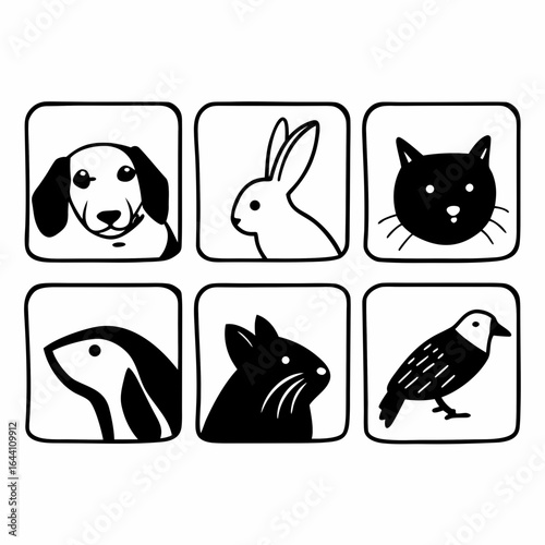 Collection of cute pet and animal icons in a simple black and white line drawing style perfect for logos and designs