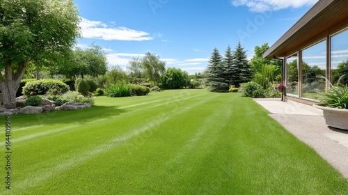 Wallpaper Mural Lush green garden landscape with neatly mowed lawn and vibrant plants under a clear blue sky during daytime Torontodigital.ca