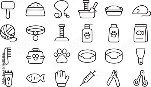 Cat Care Vector Icon Set – Grooming, Feeding Bowl, Litter Box, Toys, Collar, Scratching Post, Pet Accessories & Feline Hygiene
