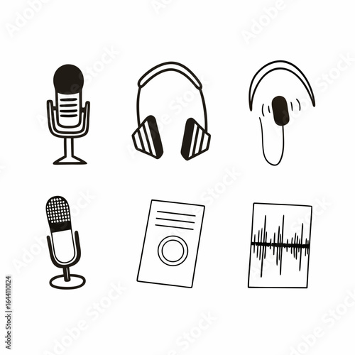 Illustration of podcasting equipment including microphone headphones and audio wave for digital media