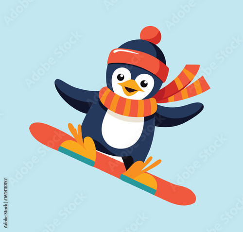 Penguin Snowboarding with Scarf and Hat cartoon illustration