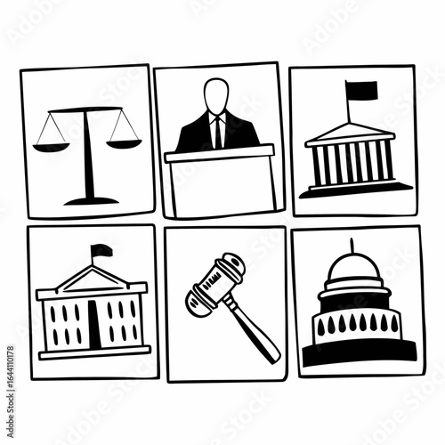 Illustration of government and justice symbols including scales, judge, gavel, and capitol buildings isolated on white background