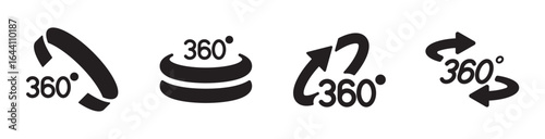 360 degrees black icon collection. 360 degrees views symbol. Rotating arrow sign. Different modern style forms. Editable stroke. Flat design. Vector illustration. Isolated on a white background.