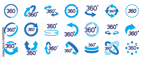 360 degrees blue icon collection. 360 degrees views symbol. Rotating arrow sign. Different modern style forms. Editable stroke. Flat design. Vector illustration. Isolated on a white background.