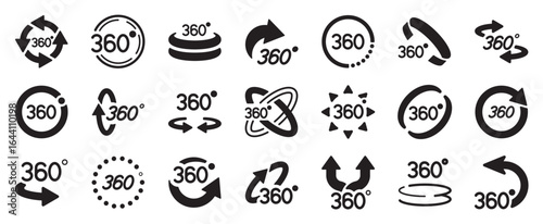 360 degrees black icon collection. 360 degrees views symbol. Rotating arrow sign. Different modern style forms. Editable stroke. Flat design. Vector illustration. Isolated on a white background.