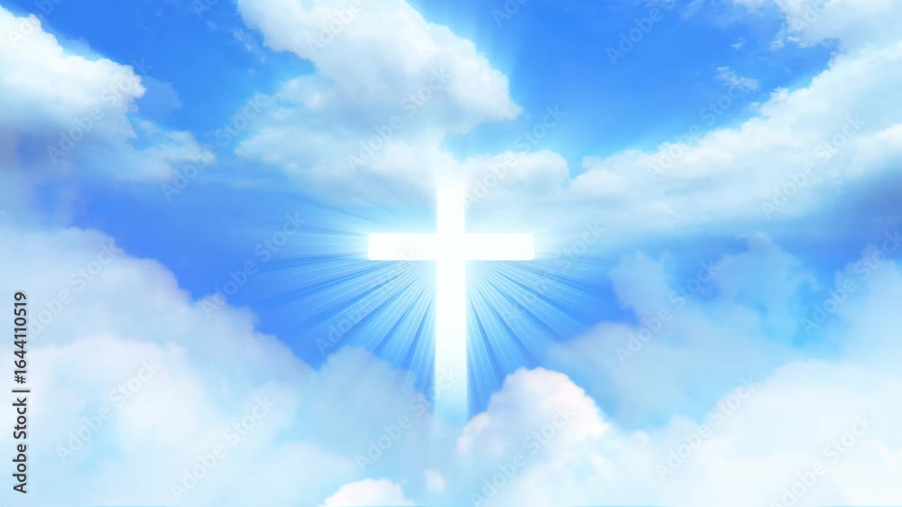 Heavenly Glowing Cross in Blue Sky with Clouds. For worship services, church presentations, gospel videos, religious celebrations.