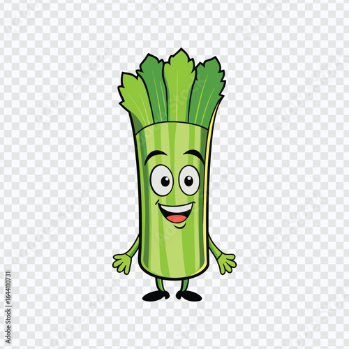 Cartoon Celery Character with Smiling Face and Green Leaves