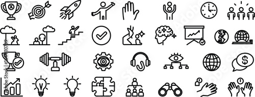 Business Success and Leadership Line Icons Set, Growth, Innovation, Goals, Teamwork, Motivation, Vision, Strategy, Achievement Vector Illustrations