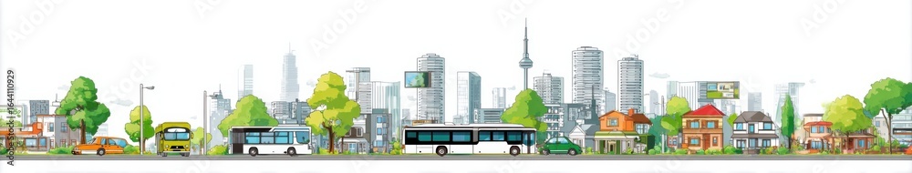 Fototapeta premium City skyline featuring modern buses and greenery during daytime