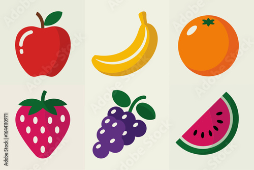 Flat fruit icons collection, apple banana orange grape strawberry watermelon vector, colorful food illustration, diet nutrition clipart, grocery display elements