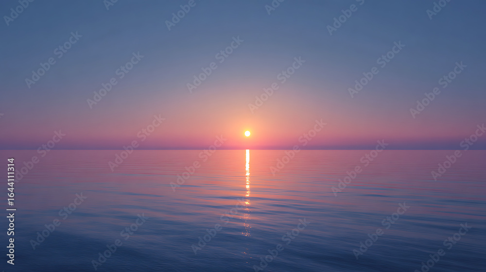 Naklejka premium Serene ocean horizon at sunset with soft pink and blue hues reflecting on calm water pink sky
