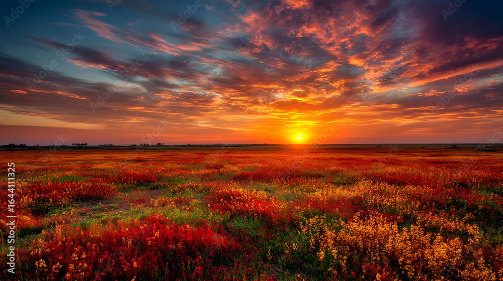 Fototapeta premium Fiery sunset over a vast field of wildflowers clouds