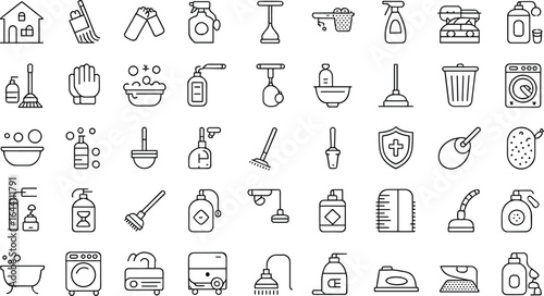 Cleaning and Sanitation Icon Set – Housekeeping, Mop, Spray, Gloves, Soap, Laundry, Vacuum, Plunger, Trash Bin, Washing Machine