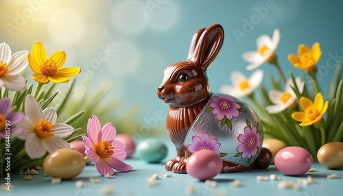 Chocolate Easter bunny surrounded by colorful eggs and flowers  