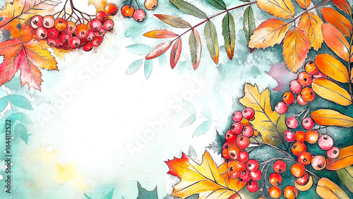 Autumn cozy watercolor illustration with vibrant leaves and berries frame  
