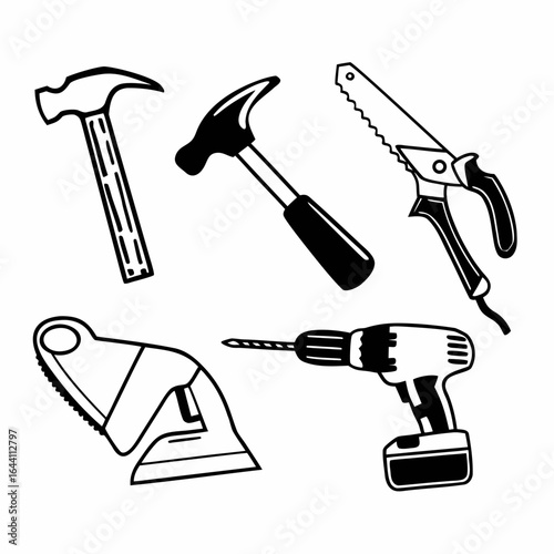 Hammer, saw, and drill doodles isolated on white background show construction and carpentry tools