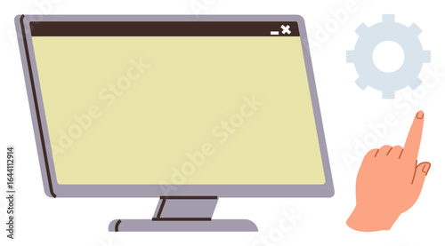 Computer monitor with a blank screen, cogwheel icon, and hand pointing. Ideal for technology, configuration, software, development, troubleshooting usability and innovation concepts. Simple flat