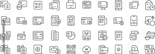 Digital payment icons set, credit card, QR code, online transaction, mobile payment, cashless payment, secure payment, e-wallet, finance technology.