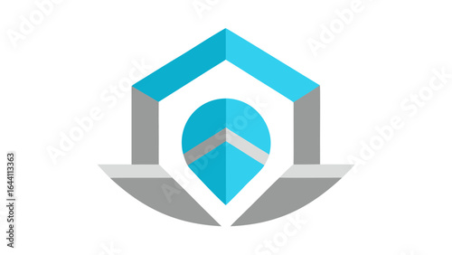 Abstract geometric logo with a blue leaf shape inside a grey structure on white symbol
