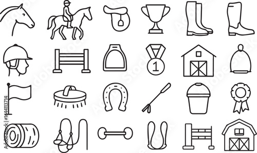 Equestrian Sport Vector Icon Set – Horse, Rider, Saddle, Trophy, Boots, Helmet, Fence, Stirrup, Medal, Stable, Jump, Grooming